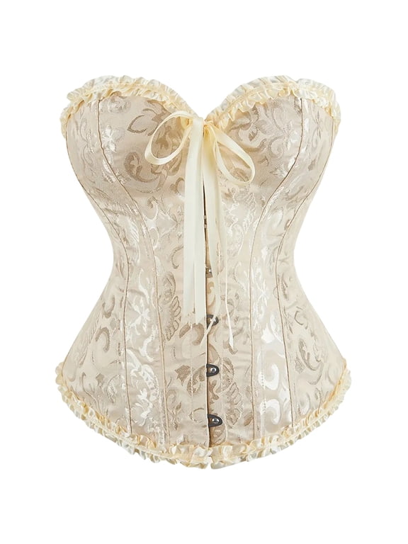 Gothic Corset Tops for Women Front Busk Strapless Bustier Shapewear Lingerie Floral Lace Up Back Waist Bodysuit Overbust Boned Wide Waist Cincher Renaissance Costume Bodyshaper Beige Xs