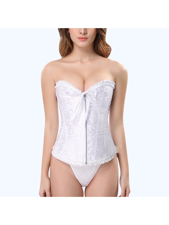Gothic Tight Bustier Corset for Women Basic Bridal Zip Up Strapless Overbust Corset Front Busk Wide Waist Cincher Boned Shapewear Victorian Renaissance Halloween Costume White S
