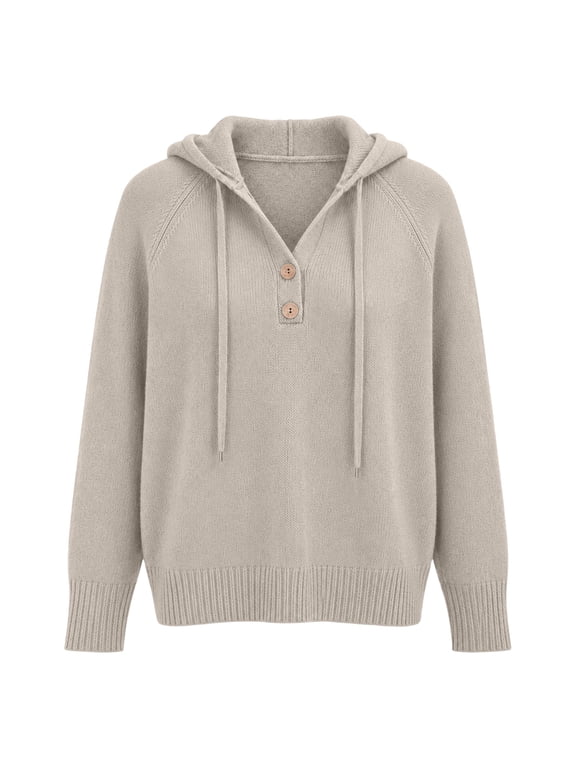 Henley V Neck Button Hooded Sweater for Women Drawstring Long Sleeve Tunic Knitted Sweatshirts Fall Winter Henley Sweater Oversized Baggy Loose Fit Pullover Sweater Lounge Clothes Beige M
