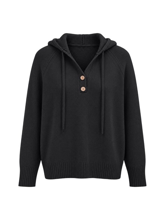 Henley V Neck Button Hooded Sweater for Women Drawstring Long Sleeve Tunic Knitted Sweatshirts Fall Winter Henley Sweater Oversized Baggy Loose Fit Pullover Sweater Lounge Clothes Black Xxl