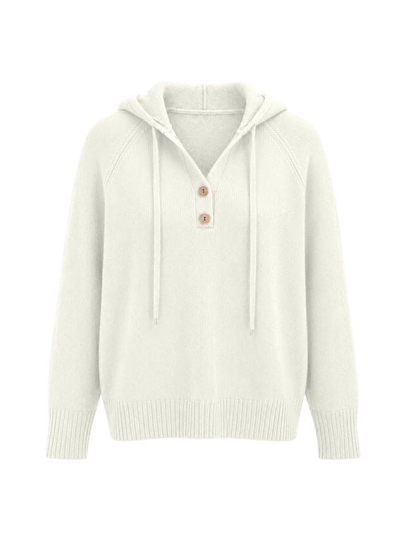 Henley V Neck Button Hooded Sweater for Women Drawstring Long Sleeve Tunic Knitted Sweatshirts Fall Winter Henley Sweater Oversized Baggy Loose Fit Pullover Sweater Lounge Clothes White M
