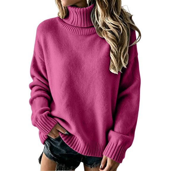 DLIDG Oversized Turtleneck Sweater for Women Basic Long Sleeve Soft Chunky Knitwear Knit Sweater Thermel Warm Loose Fit Fall Winter Sweater Trendy Slouchy Pullover Jumper Top Hot Pink M