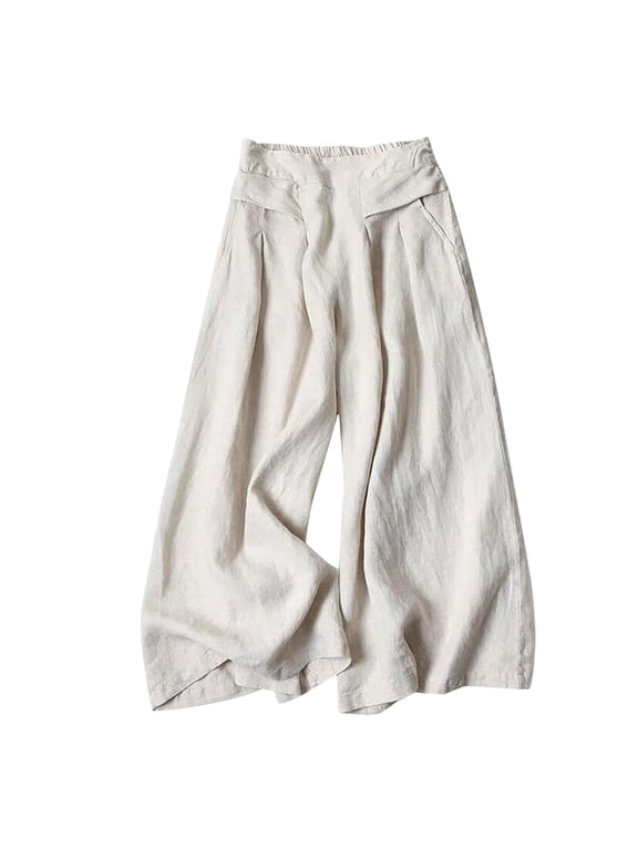 Palazzo Wide Leg Culottes for Women Flowy Elastic High Waist Gauchos Capri Side Pockets Breezy Cropped Pants Flared Loose Fit Slacks Casual Breathable Bottpms Beach Trousers Beige L