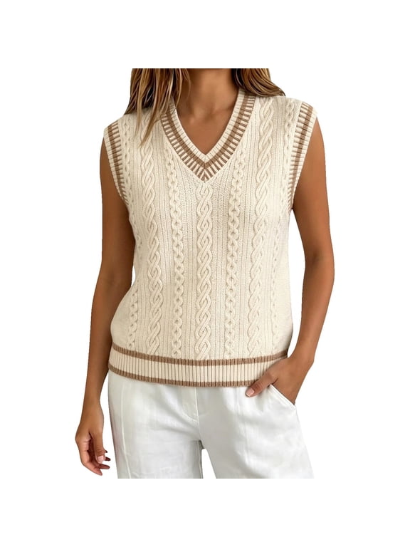 Sweater Vest for Women Sleeveless V Neck Preppy Sweater Elegant Cable Knit Pullover Style Tank Top Fall Fashion Lightweight Loose Fit Sweater Dressy Casual Tank Top Lounge Clothes Beige L