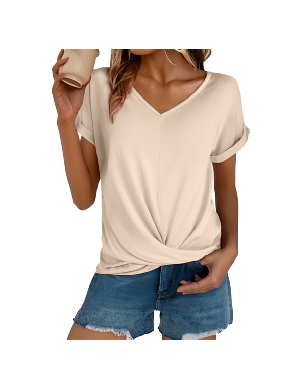 Twist Knotted V Neck T Shirt for Women Stretchy Tie Front Tops Short Sleeve V Neck Blouses Soft Light Weight Shirts Casual Loose Tunic Tops Loose Fit Business Beach Vacation Clothes Beige L