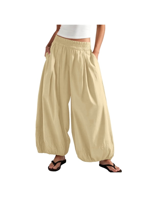 Wide Leg Flowy Balloon Pants for Women Oversized High Elastic Waist Barrel Pants Comfy Soft Baggy Leggings Casual Loose Fit Pants Palazzo Pants Beach Vacation Trousers with Pockets Khaki S