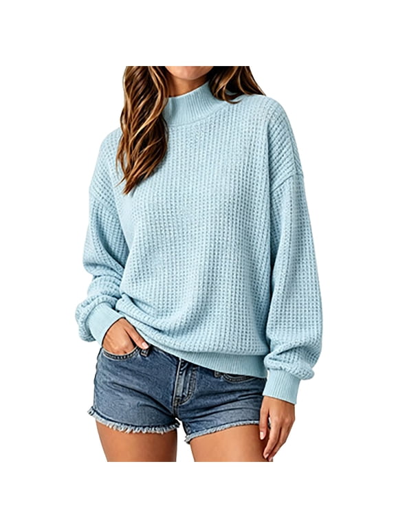 Women Waffle Knit Mock Neck Sweater Long Sleeve Tunic Waffle Sweater Thermal Soft Warm Fall Winter Pullover Sweater Casual Cozy Knit Pullover Jumper Lounge Vacation Clothes Sky Blue S