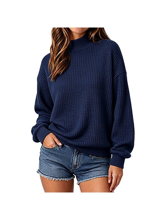 Women Waffle Knit Mock Neck Sweater Long Sleeve Tunic Waffle Sweater Thermal Soft Warm Fall Winter Pullover Sweater Casual Cozy Knit Pullover Jumper Lounge Vacation Clothes Navy L