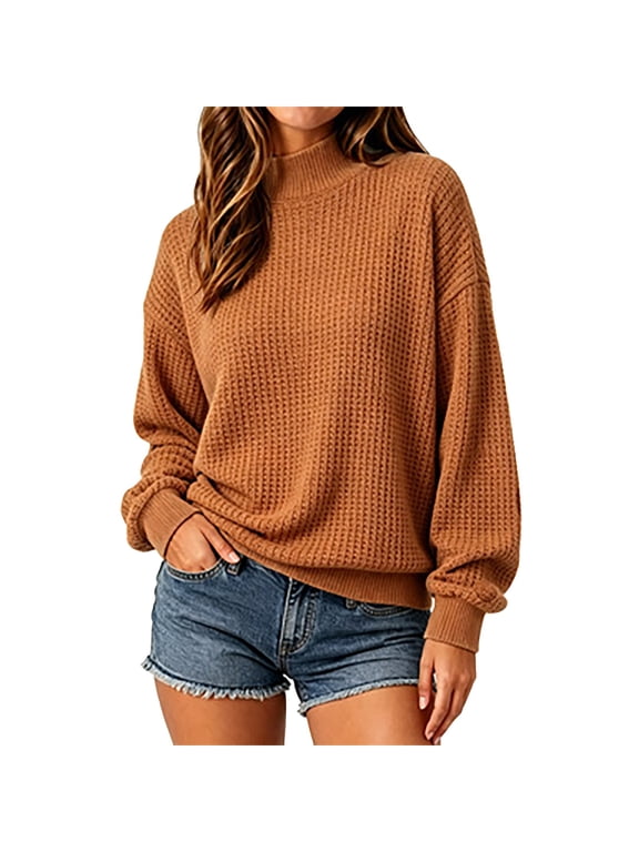 Women Waffle Knit Mock Neck Sweater Long Sleeve Tunic Waffle Sweater Thermal Soft Warm Fall Winter Pullover Sweater Casual Cozy Knit Pullover Jumper Lounge Vacation Clothes Brown M