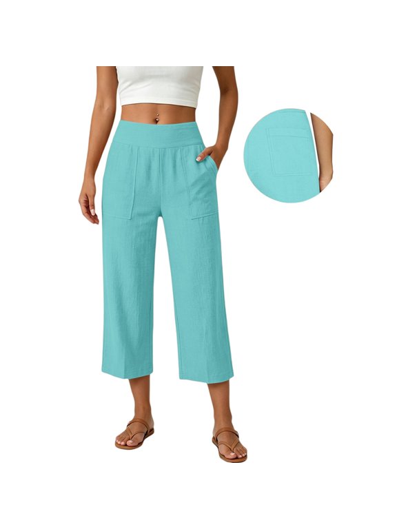 Womens Cotton Linen Fall Fashion Capris Pants with Pockets Oversized Elastic High Waist Gauze Slacks Lightweight Breathable Bottoms Casual Soft Loosefit Pants Hiking Trousers Mint Green S