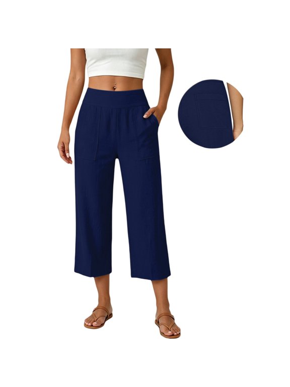 Womens Cotton Linen Fall Fashion Capris Pants with Pockets Oversized Elastic High Waist Gauze Slacks Lightweight Breathable Bottoms Casual Soft Loosefit Pants Hiking Trousers Navy L