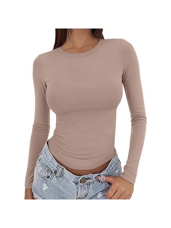 Womens Crewneck Slim Fitted Long Sleeve T Shirts Tight Stretchy Basic Tees Comfy Crop Fashion Layer Blouse Compression Underscrubs T Shirts Plain Lightweight Tops Going Out Clothes C L
