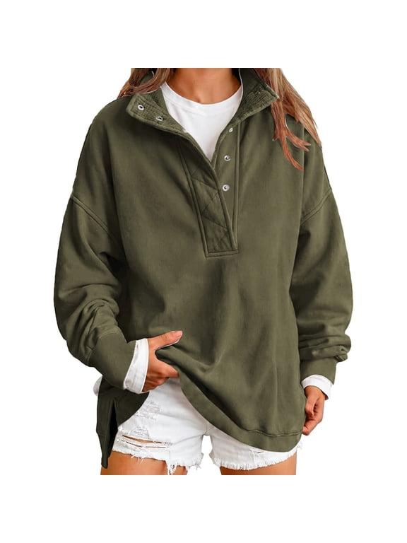 Womens Oversized Henley Neck Pullover Sweatshirts Snap Button Henley Collar Fall Outfits Flowy Loose Henley V Neck Sweat Shirts Fall Trendy Elegant Tunic Pullover Sweatshirts Blackish Green S