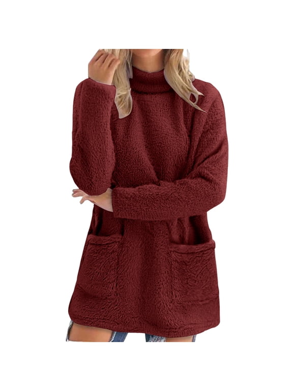 Womens Oversized Long Sleeve Turtleneck Sherpa Sweaters with Pockets Comfy Soft Fuzzy Casual Warm Cute Sweater Baggy Loose Fit Fleece Tunic Coats Fall Winter Fashion Sweaters Wine Xl