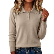 DLIDG Womens Polo Sweater Henley V Neck Collared Long Sleeve Golf Sweater Fall Winter Thermal Tunic Knit Pullover Sweater Dressy Casual Soft Polo Sweater Tops Business formal Shirts Khaki S
