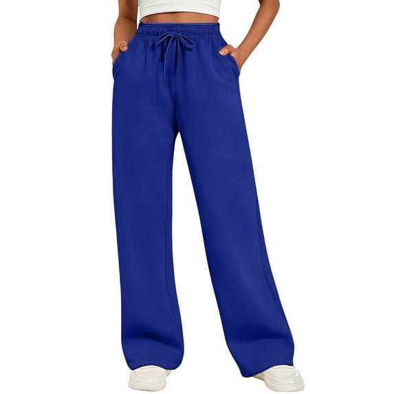 DLIDG Womens Straight Wide Leg Sweatpants with Side Pockets Basic Drawstring Elastic High Waist Jogger Fall Winter Trendy Soft Track Pants Dressy Casual Loose Fit Lounge Pants Blue L