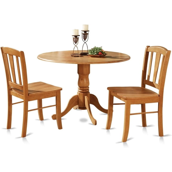 DLIN3-OAK-W 3 Piece Dining Table Set for Small Spaces Contains a Round Dining Room Table with Dropleaf and 2 Wood Seat Chairs, 42x42 Inch, Oak