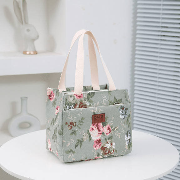 DLIU Thick Fabric Floral Tote Lunch Bag, Green flowers, Work Carrying Bag, Hand Bag