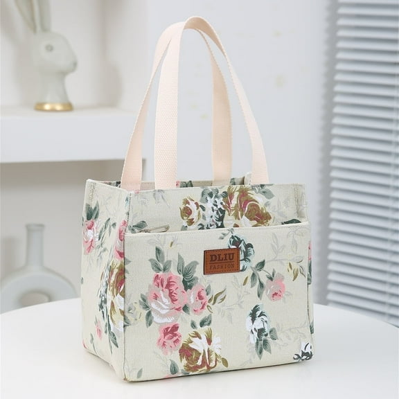 DLIU Thick Fabric Floral Tote Lunch Bag, Pink flowers, Work Carrying Bag, Hand Bag