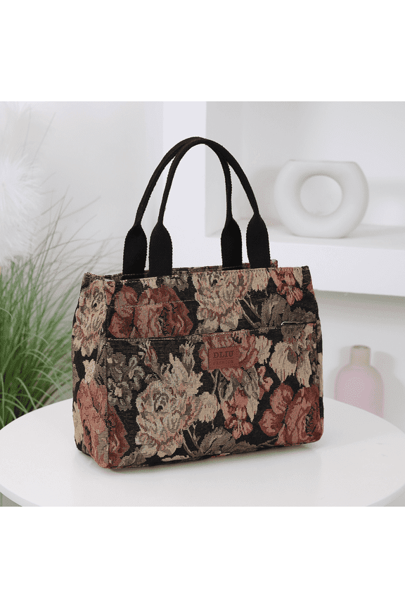 Women's Fabric Floral Tote Handbag,hand-to-hand storage bag， Black, 1-Piece，Tote bags are suitable for work, going out for shopping