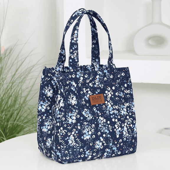 DLIU floral print tote, lunch bag, pouch with lunch box, handbag, blue