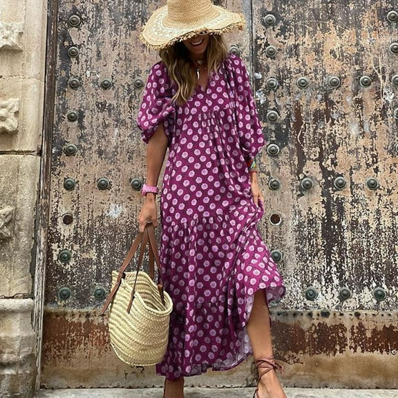 DLLMJING Geometric Printed Bubble Sleeved Dress Street Oversized Women's Clothing