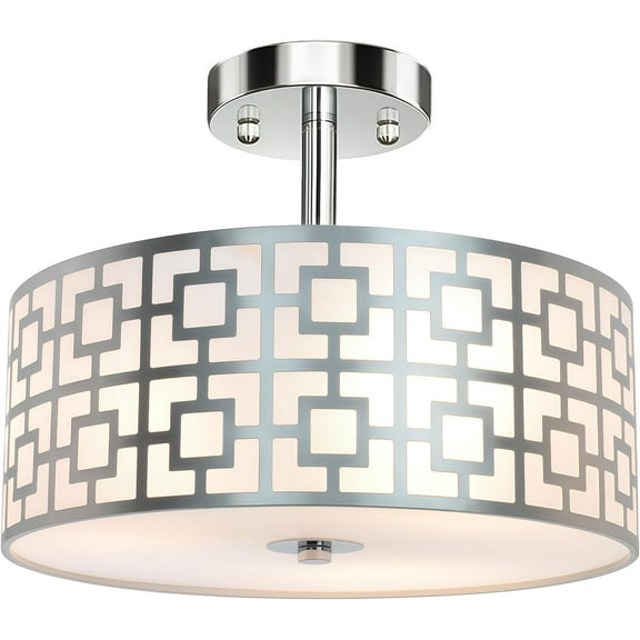 DLLT Flush Mount Ceiling Light: Modern 3-Light Brushed Nickel Kitchen Light Fixture - Drum Lighting Fixture for Dining Room - Silver Bedroom Ceiling Lamp with Double Shade
