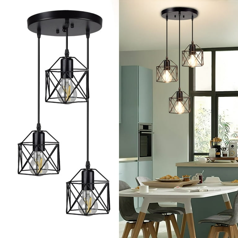 3 Light Pendant Light Adjustable Flush Mount Ceiling Lighting Vintage Hanging Pendant Lights Fixture with Metal Cage Shade Black