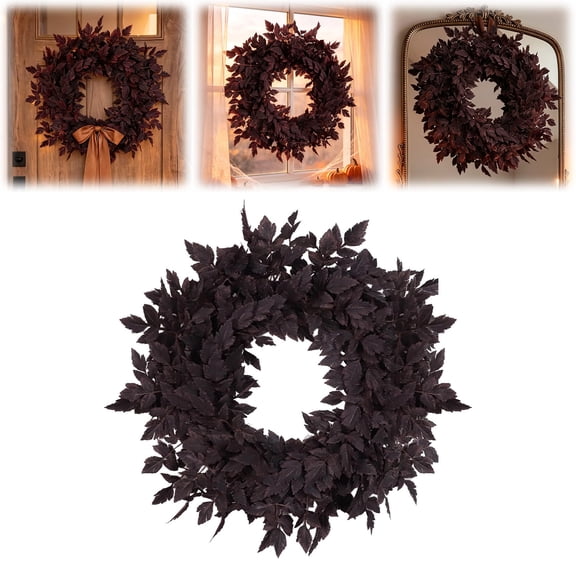 DLMCUH 24 Inch Fall Wreaths for Front Door,Black Artificial Cimicifuga Leaves Autumn Wreath,Indoor Seasonal Decor for Mantel, Window, Wall, Halloween & Farmhouse Home Arrangement