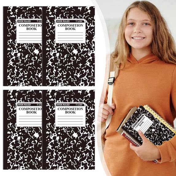 DLMCUH 4 Pack Wide Ruled Composition Notebook,Marble Hard Cover College Ruled Composition Book,Sewn Binding Journal,30 Sheets/60 Pages,5.5"x8.2" Thick Lined Paper Notebook,Classroom Must Have(Black)