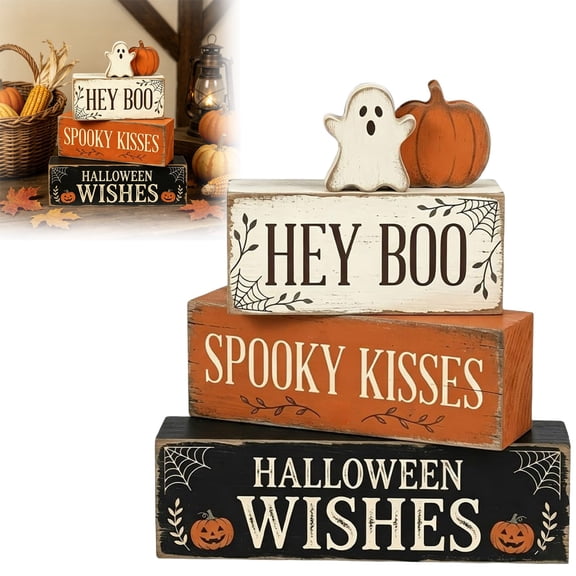 DLMCUH 4 Tiered Halloween Coffee Table Decor Wooden Ghost Coffee Bar Sign | Stackable Blocks Bar Farmhouse Rustic Ghost Tiered Tray Festive Boo Decor Block Signs Home Office Kitchen Shelf