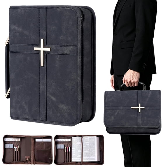DLMCUH Bible Cover for Men and Women, PU Leather Large Bible Bag with Handle & Shoulder Strap, Bible Carrying Case with Cross Design and Pockets for Church, Bible Study & Christian Gifts(Black)
