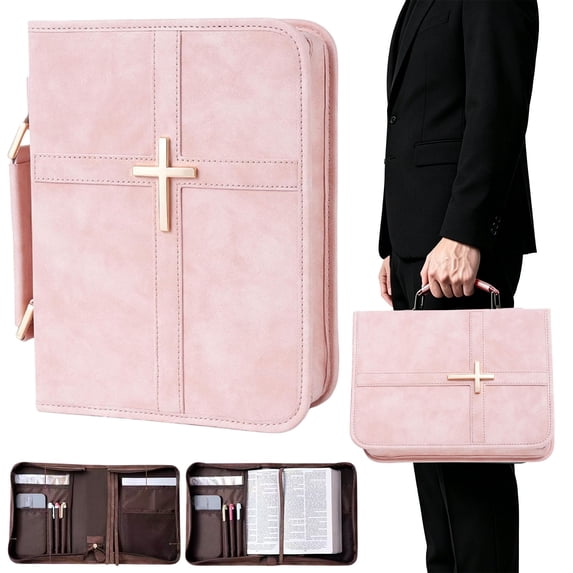 DLMCUH Bible Cover for Men and Women, PU Leather Large Bible Bag with Handle & Shoulder Strap, Bible Carrying Case with Cross Design and Pockets for Church, Bible Study & Christian Gifts(Pink)