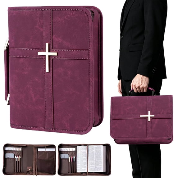 DLMCUH Bible Cover for Men and Women, PU Leather Large Bible Bag with Handle & Shoulder Strap, Bible Carrying Case with Cross Design and Pockets for Church, Bible Study & Christian Gifts(Wine)