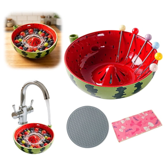 DLMCUH Ceramic Berry Washing Bowl, Drain Hole Fruit Colander, Self‑Rinsing Fruit Washer, Multi‑Functional Kitchen Bowl for Strawberries Blueberries Grapes
