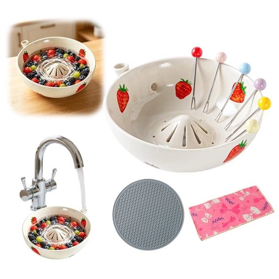 DLMCUH Ceramic Berry Washing Bowl, Drain Hole Fruit Colander, Self‑Rinsing Fruit Washer, Multi‑Functional Kitchen Bowl for Strawberries Blueberries Grapes