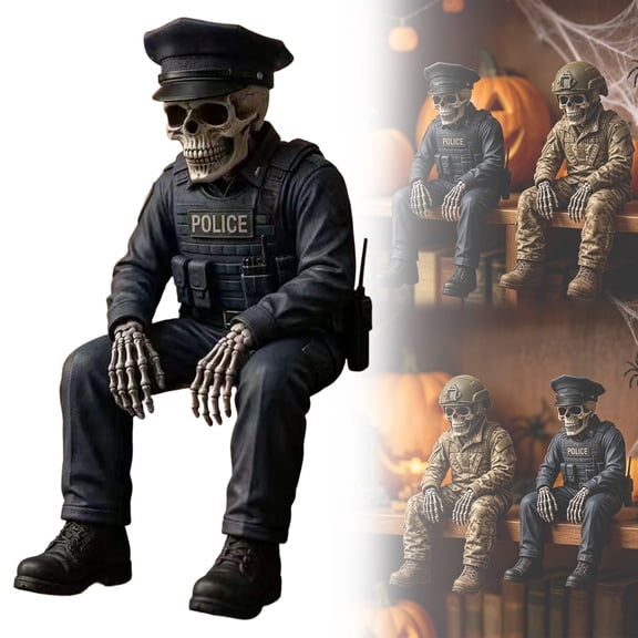 DLMCUH Halloween Skeleton Figurines,Skeleton Police Soldier Resin Figurine Halloween Tabletop Statue Shelf Mantel Indoor Home Halloween Party Decor Ornament(A)