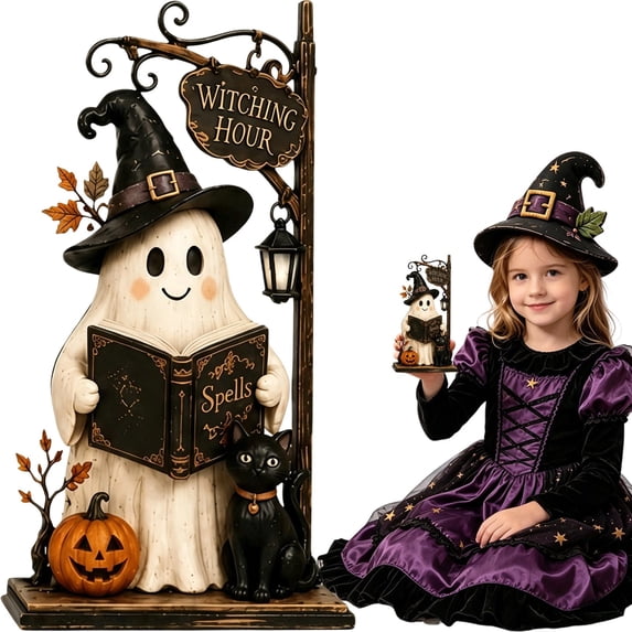 DLMCUH Wooden Halloween Ghost Tabletop Decor, Freestanding Ghost Figurine with Witch Hat Spell Book Cat Pumpkin, Rustic Fall Ornament for Mantel Shelf Indoor Halloween Party Home Decoration(F)