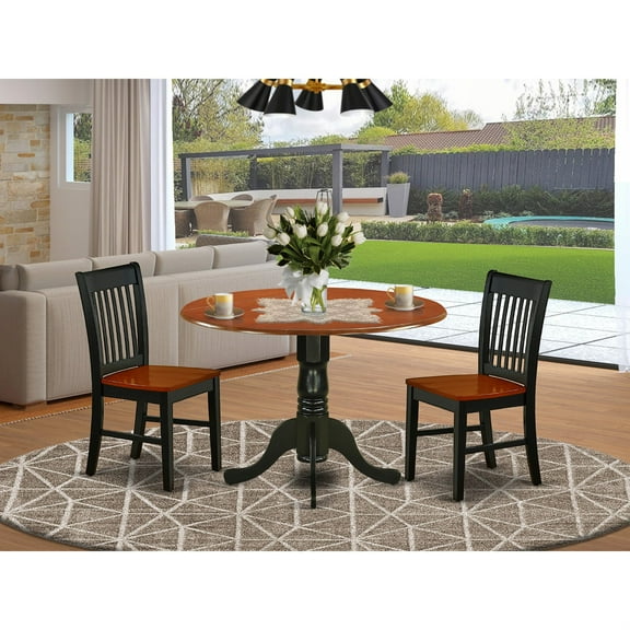 DLNO3-BCH-W Kitchen Dinette Set: Elegant and Functional 3Pc Round Dining Table with Drop-Down Leaf and 2 Wood Seat Chairs. Black and Cherry Color Combination. Ideal for Small Spaces.