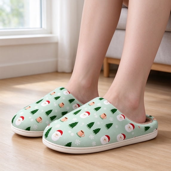 DLONGLI Christmas Slippers, Green Santa Face Print House Shoes, Fuzzy ...