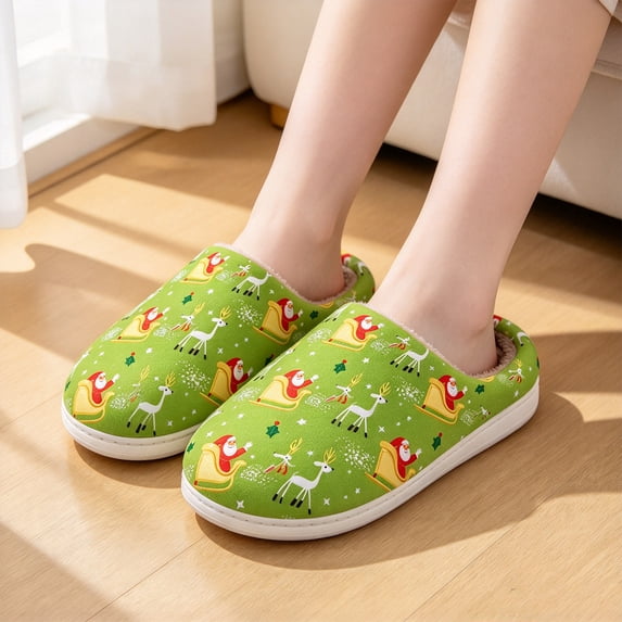 DLONGLI Christmas Slippers, Green Santa Face Print House Shoes, Fuzzy ...