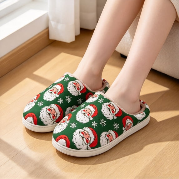 DLONGLI Christmas Slippers, Green Santa Face Print House Shoes, Fuzzy ...