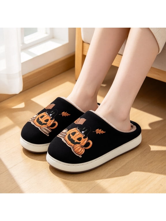 Halloween Slippers Women, Spooky Ghost Cat Platform House Shoes, Fuzzy Warm Memory Foam Indoor Slippers Fall