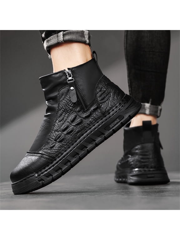 Men's Ankle Boots, Crocodile Embossed Leather Booties, Side Zipper Chukka Shoes, Chunky Platform Work Boots, Casual Fashion Footwear