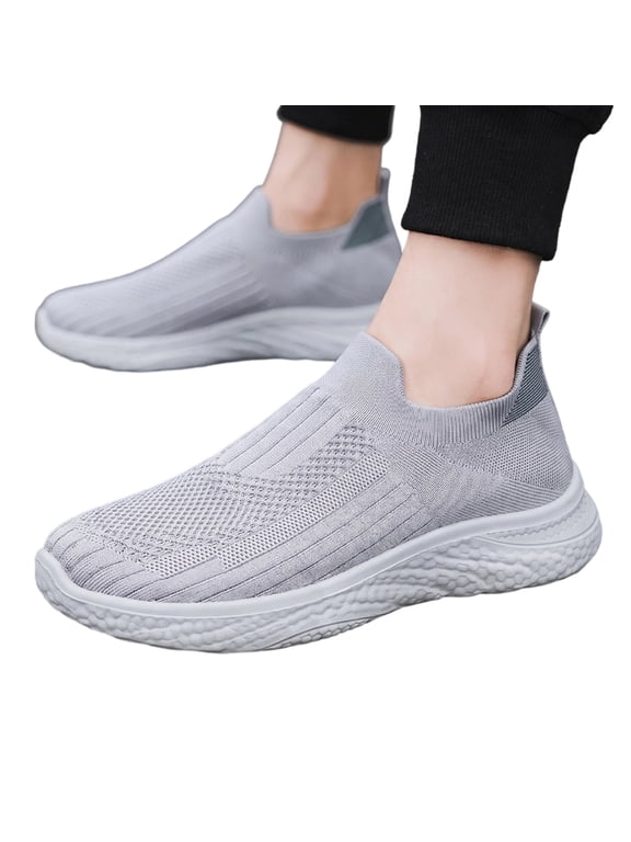 Men's Thick Cushion Knit Wide Width Sock Sneakers, Slip On Breathable Walking Shoes with Bouncy Sole