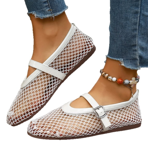 DLONGLI Mesh Ballet Flats for Women Buckle Strap Comfy Casual Office Fishnet Ballerina Flat Shoes