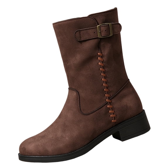 DLONGLI Mid Calf Boots for Women, Suede Western Booties, Bronze Buckle ...
