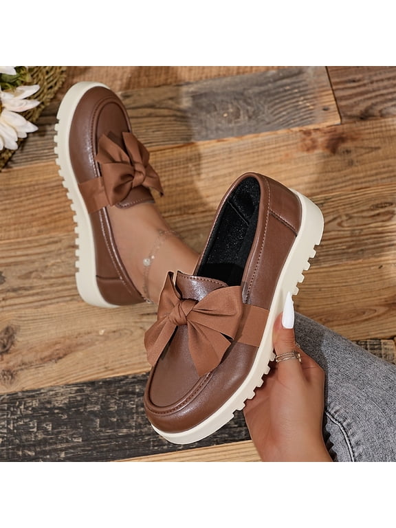 Women's Bow Decor Platform Loafers Slip On Lug Sole Comfort Casual Dress Flat Shoes