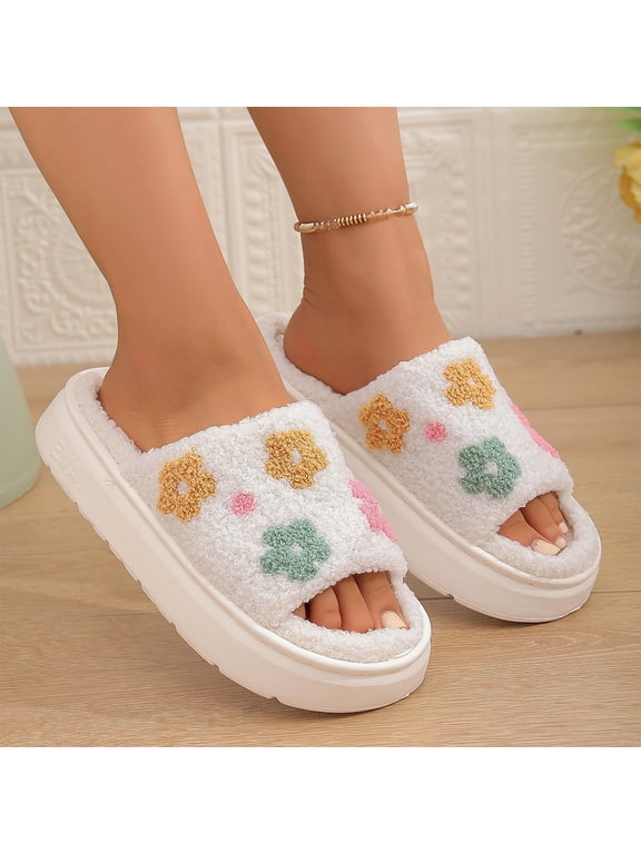 Women's Flower Embroidered Platform Slippers, Fuzzy Open Toe House Shoes, Thick Cushioned Shoes with EVA Sole for Cozy Home Wear