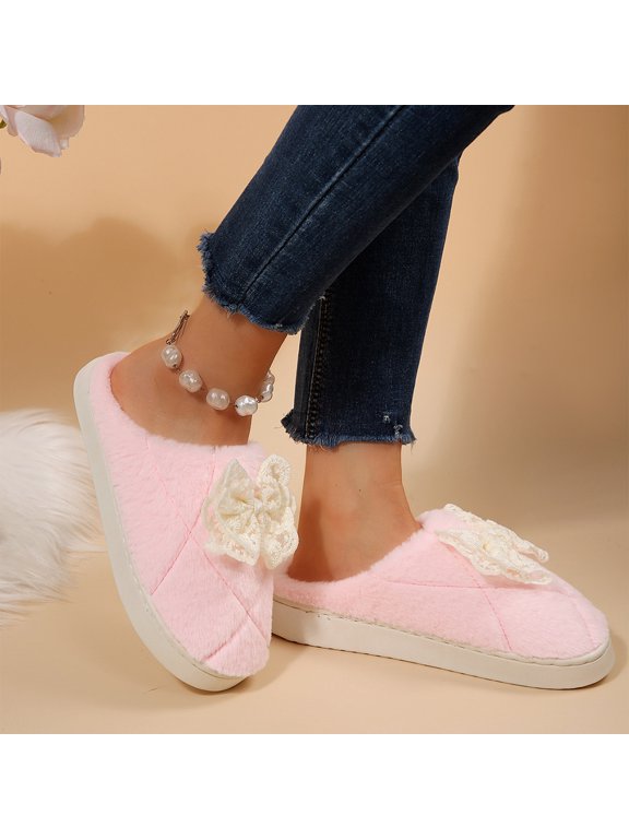 Women's Fuzzy Slippers, Cute Bow House Shoes, Plush Warm Memory Foam Scuff Slippers, Non Slip Cozy Indoor Shoes Winter